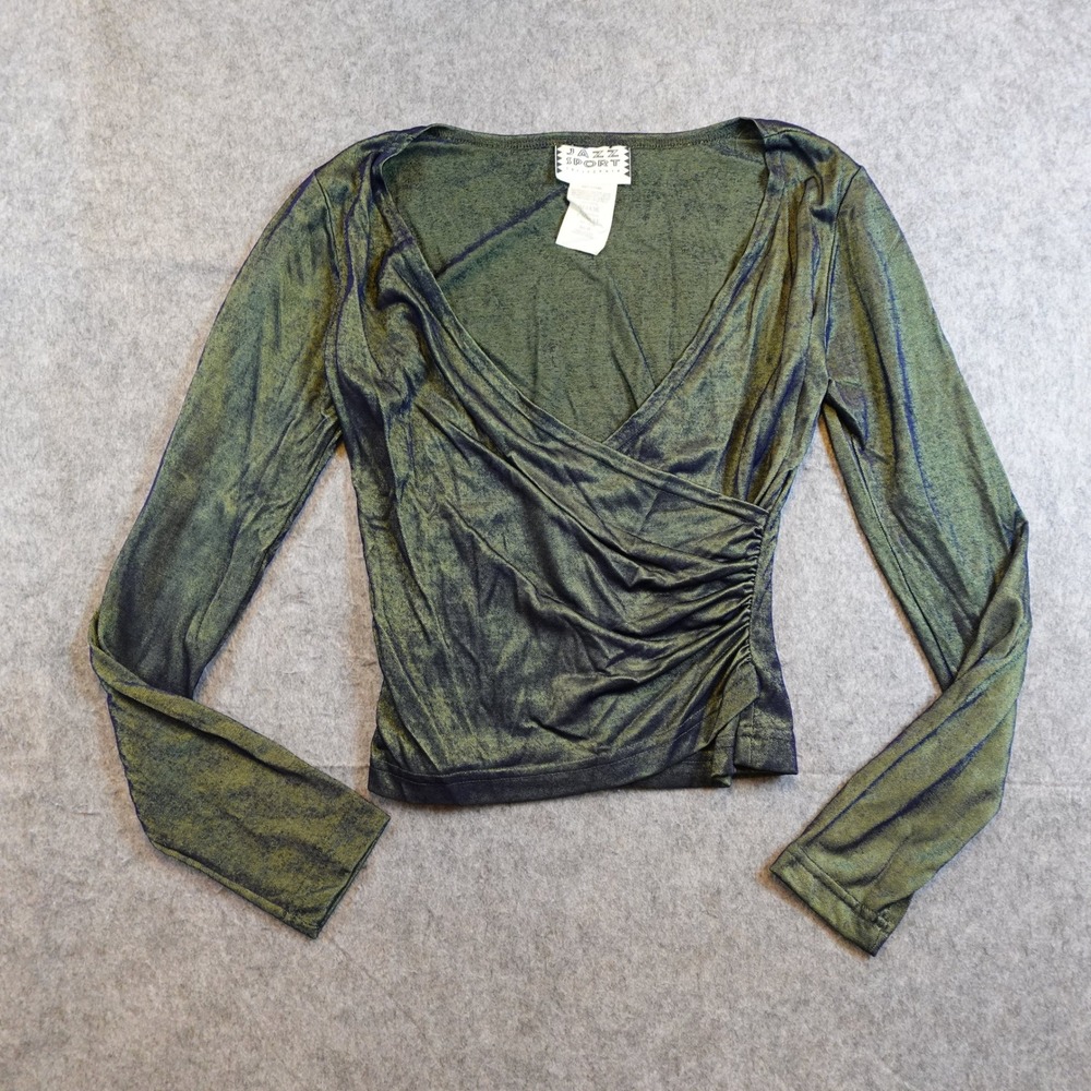 VTG Jazz Sport Top Women Medium Green Metallic Ruched Surplice Long Sleeve 90s